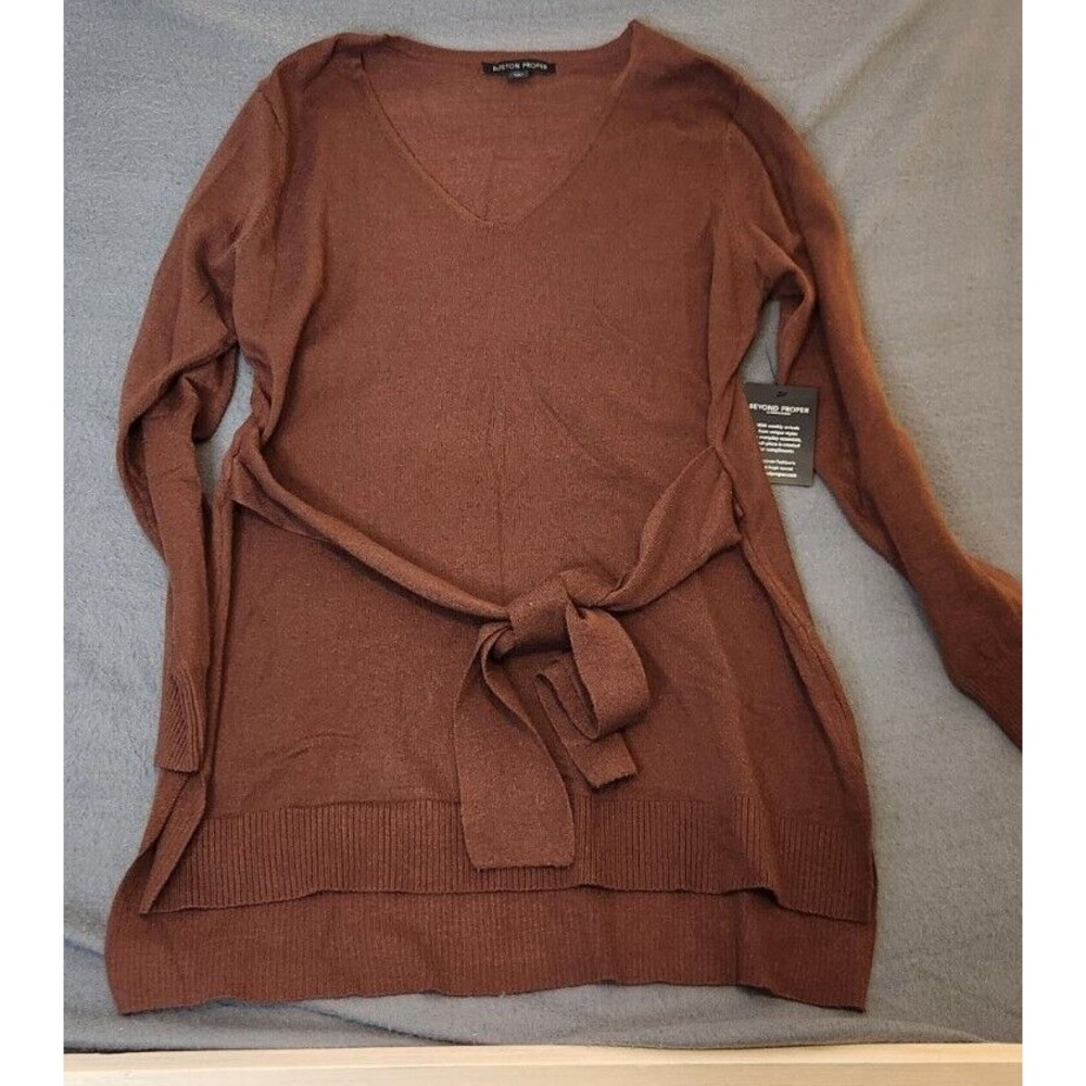 Boston Proper Women's Chocolate Brown V Neck Pullover Tie Fall Sweater Dress NWT